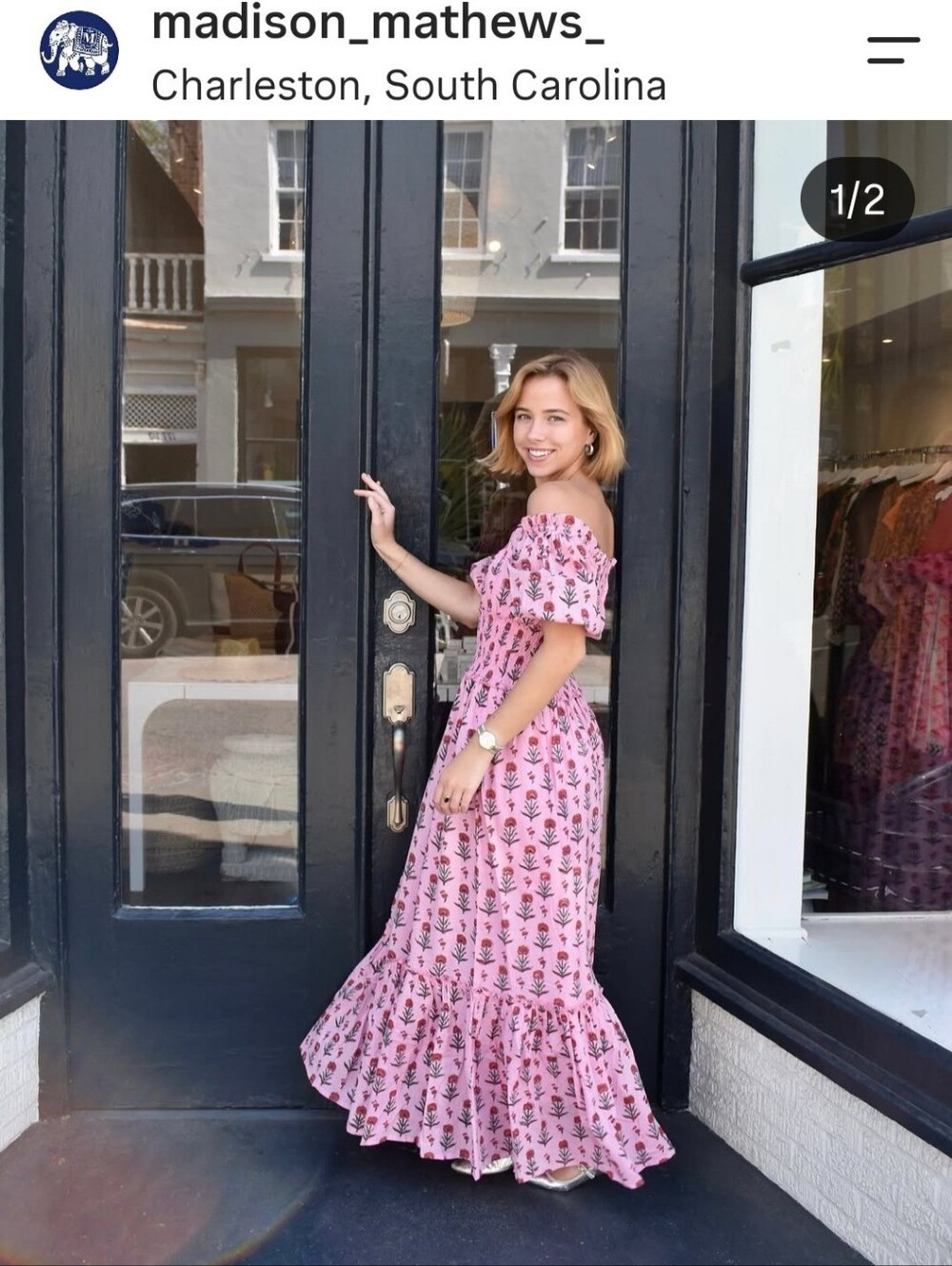 Madison Mathews Paloma Smocked Maxi Dress Pink Navy Block Print Size L Like New